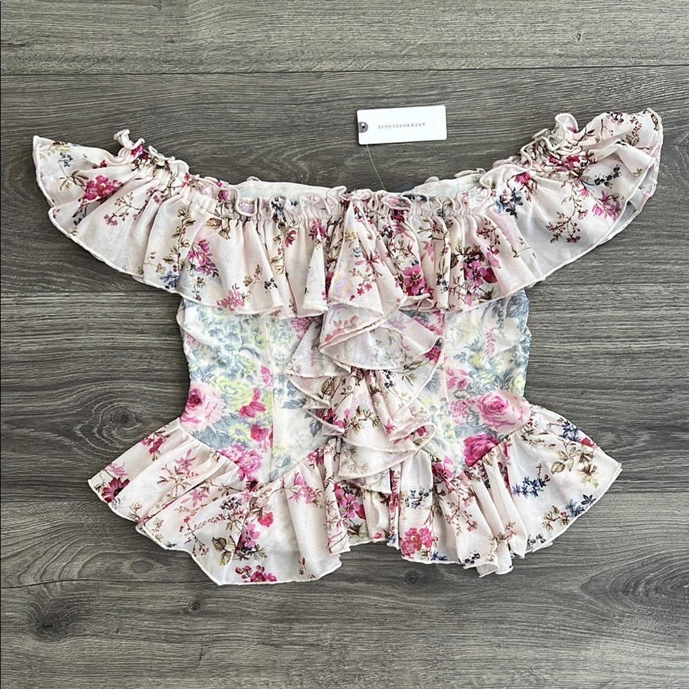 Anthropologie Off the Shoulder Mesh Top Small Pink Floral Ruffle Cottagecore NWT - Picture 4 of 12